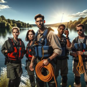 Rescue team at lake