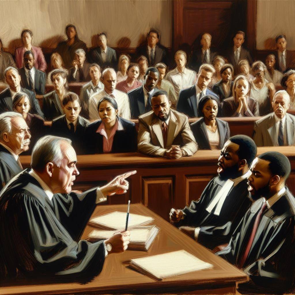 Courtroom mourning atmosphere illustration.