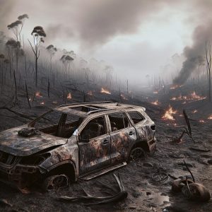 Burning vehicle wildfire aftermath