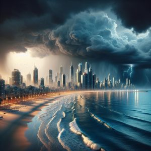 "Storm approaching coastal city"