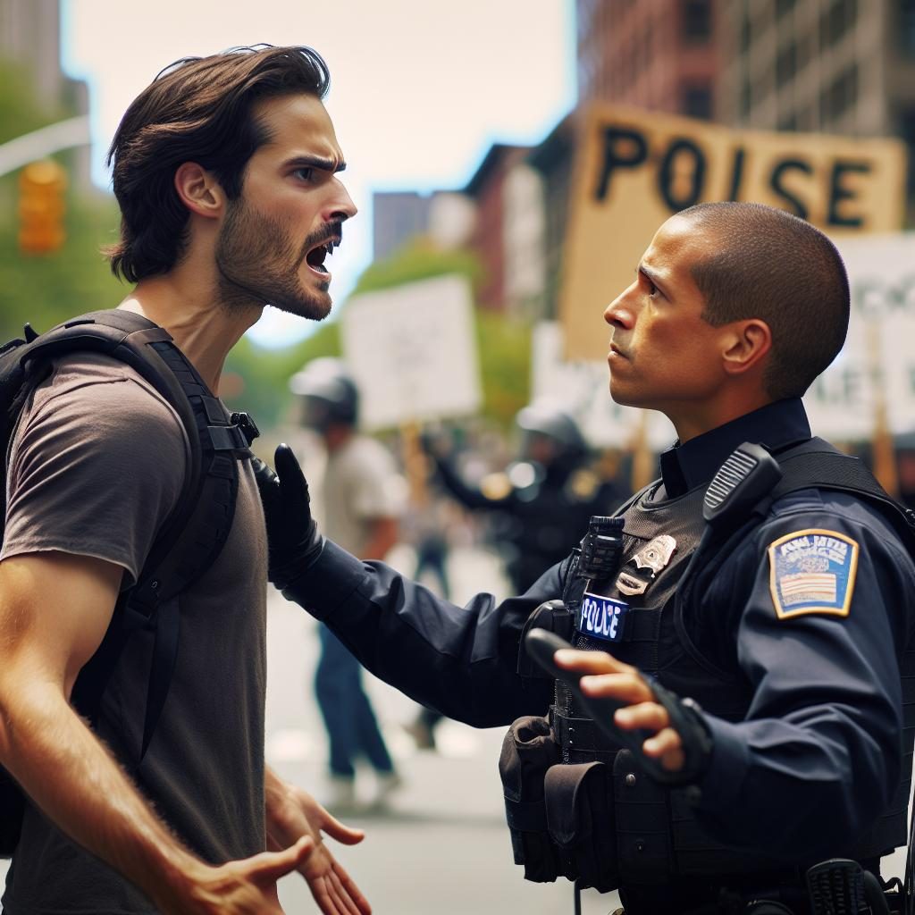 Angry protester confronted peacefully.