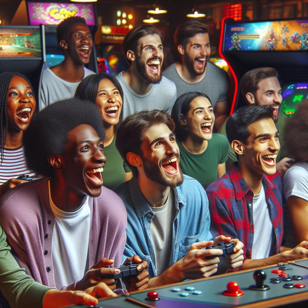 "Excited gamers at arcade"