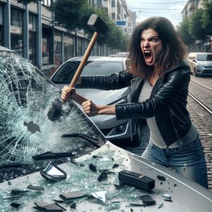 Angry woman destroys cars.