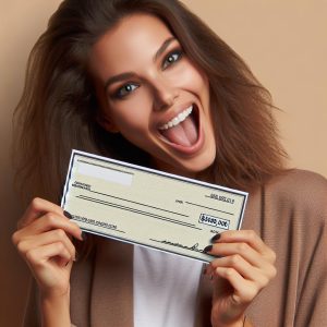 Excited woman with check.