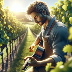 "Winemaker playing guitar in vineyard"