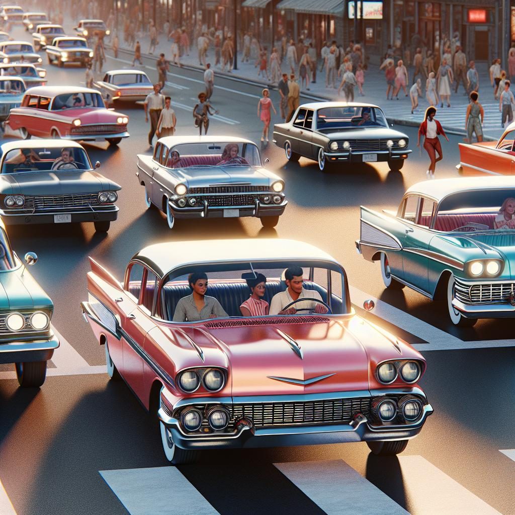 Classic cars cruising streets.