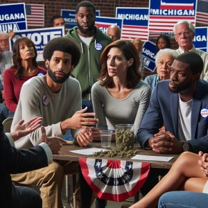 "Michigan marijuana ballot proposal" - A group of people of diverse backgrounds and ages debating a ballot proposal on marijuana in Michigan, with campaign signs and voting materials.