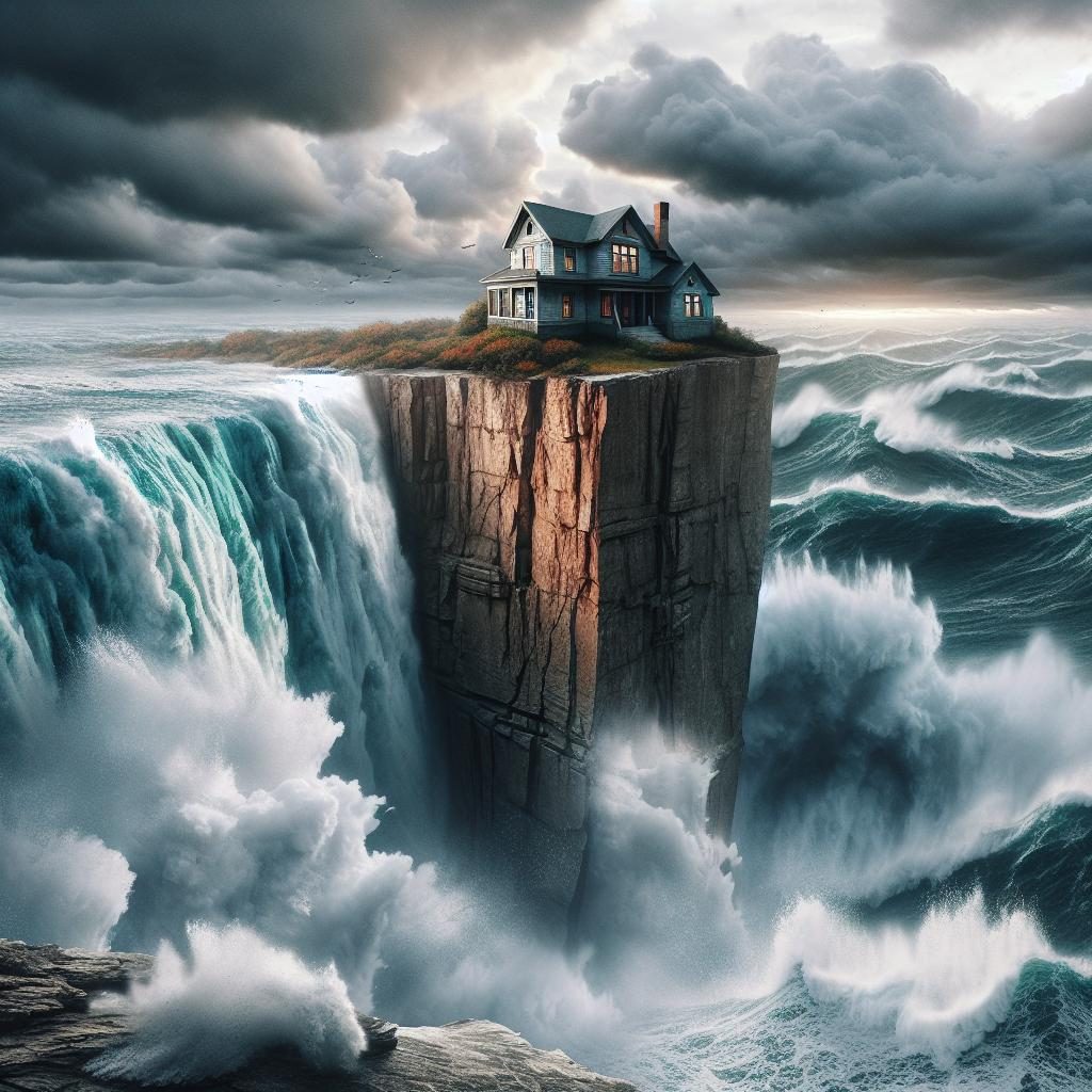 House falling into ocean.