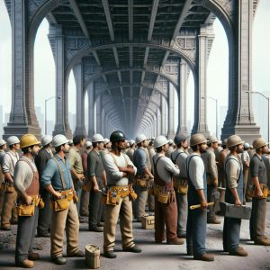 Workmen waiting under bridge.