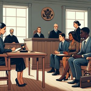 Courtroom plea hearing illustration.