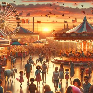 Crowded fairground at sunset.