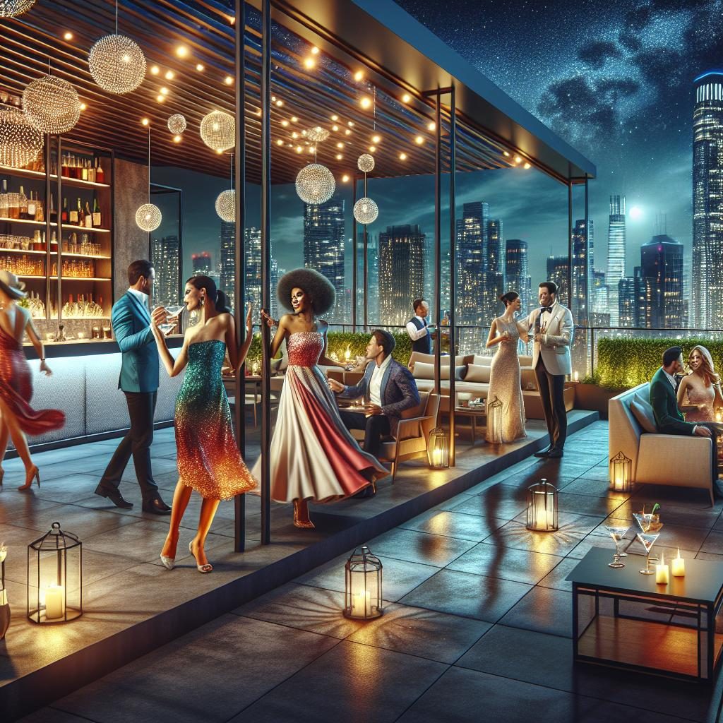 Modern penthouse rooftop party.