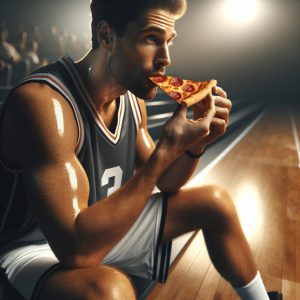 Basketball player eating pizza.