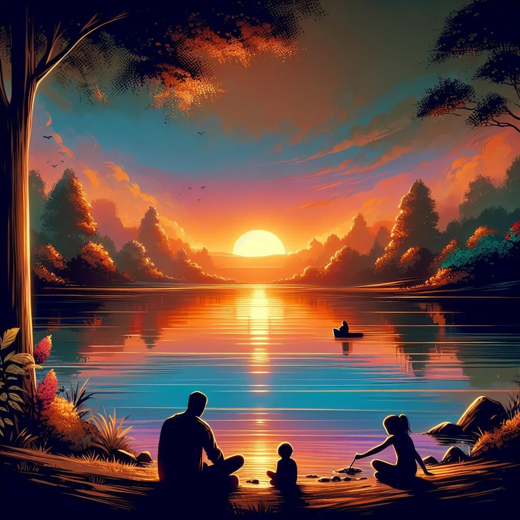 Peaceful lakeside sunset scene.