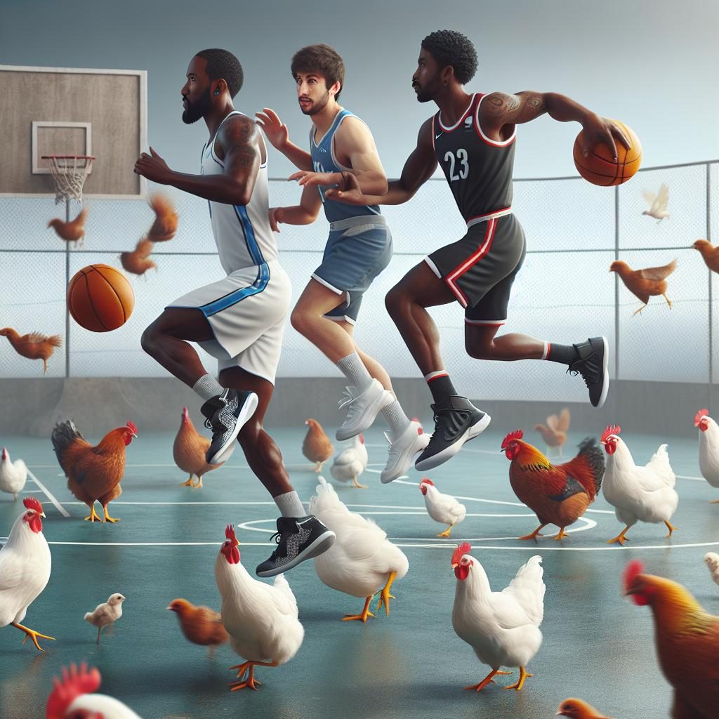 Basketball players with chickens.