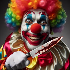 Clown with bloody knife.