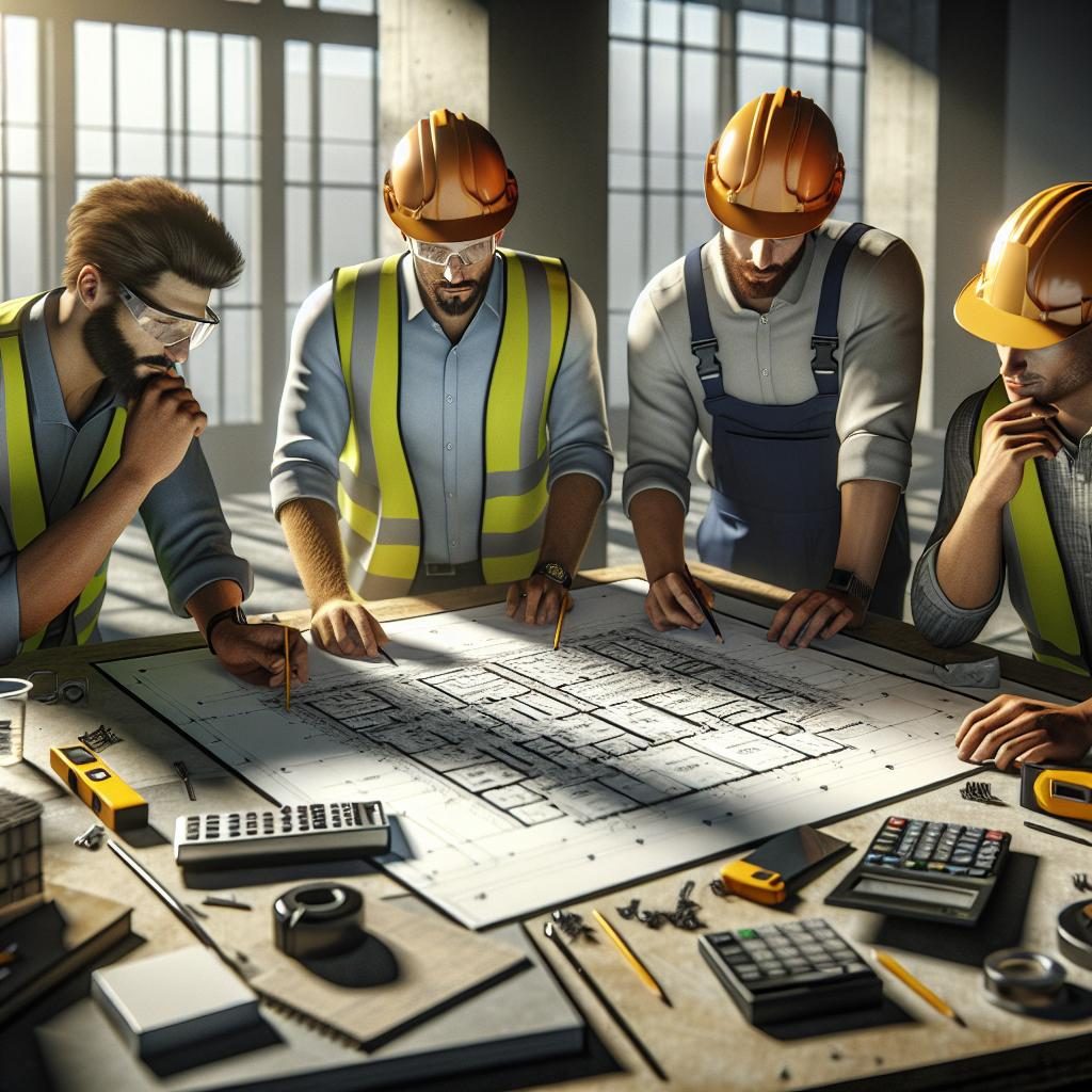 Construction workers design blueprint.