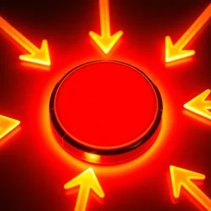 A vibrant button surrounded by glowing arrows directing attention.
