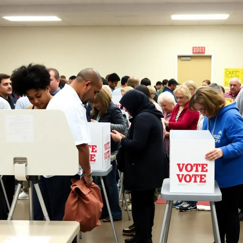 Voters casting ballots at crowded polling location.