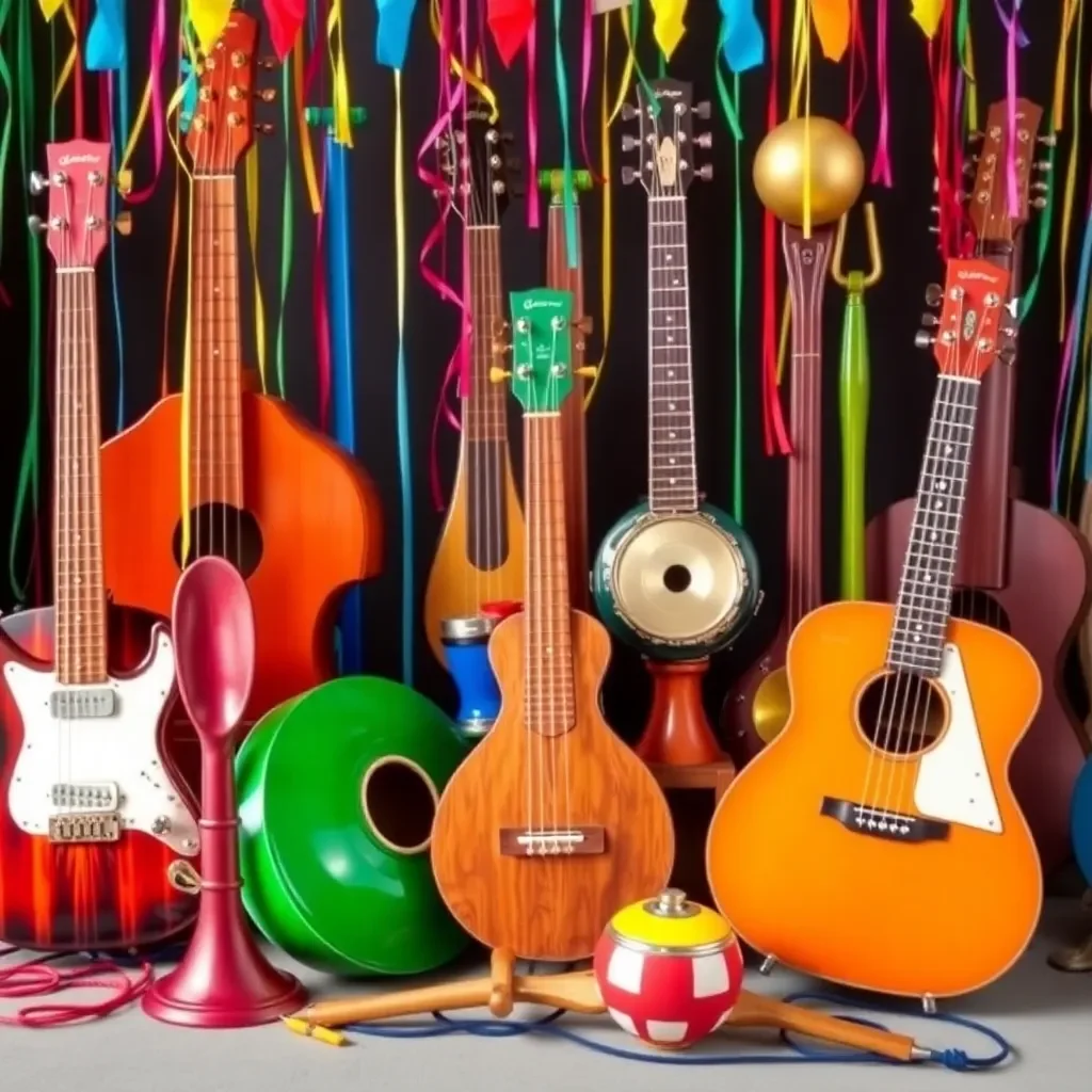 Colorful musical instruments arranged in a celebratory setting.