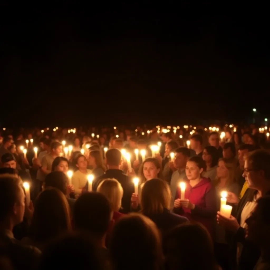 Community candlelight vigil with warm lights and gathered crowd.