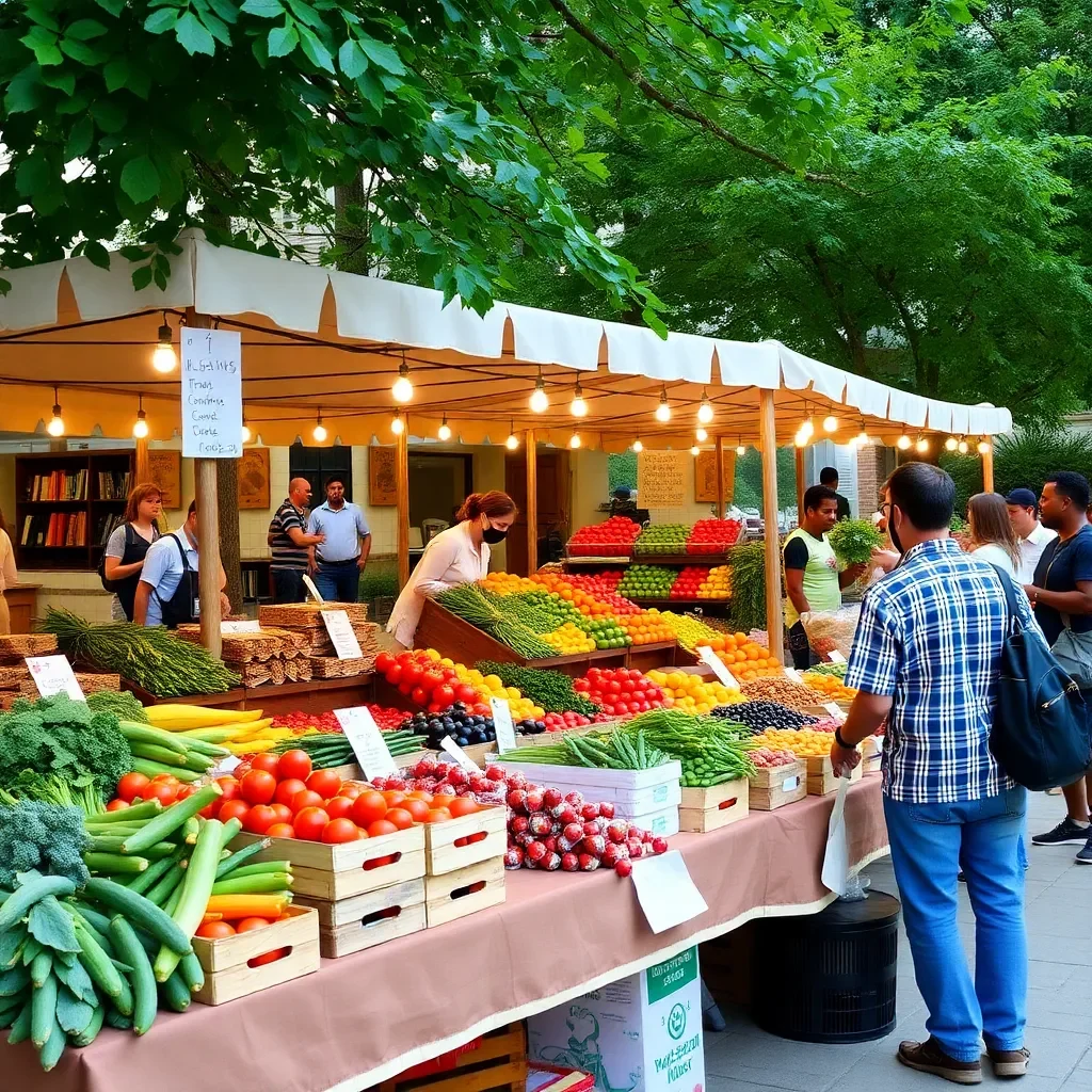 College campus market with fresh produce and goods.