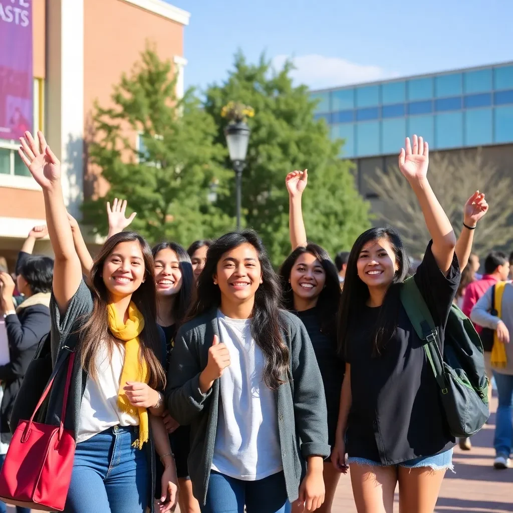 Students celebrating academic success in a vibrant campus setting.