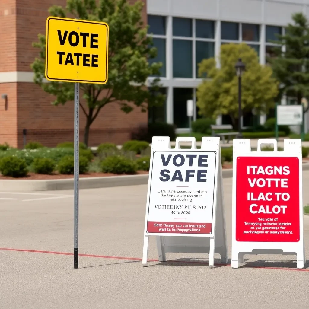 Voting site with safety signs and temporary relocation notices.