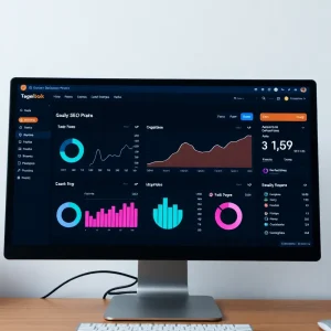 Computer screen displaying analytics and SEO dashboard metrics.