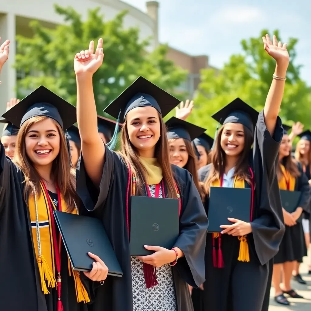 Happy students celebrating graduation with college degrees in hand.