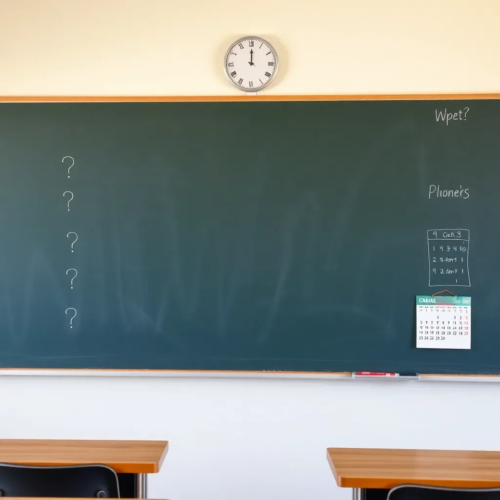 Classroom empty, chalkboard with question marks and calendar.