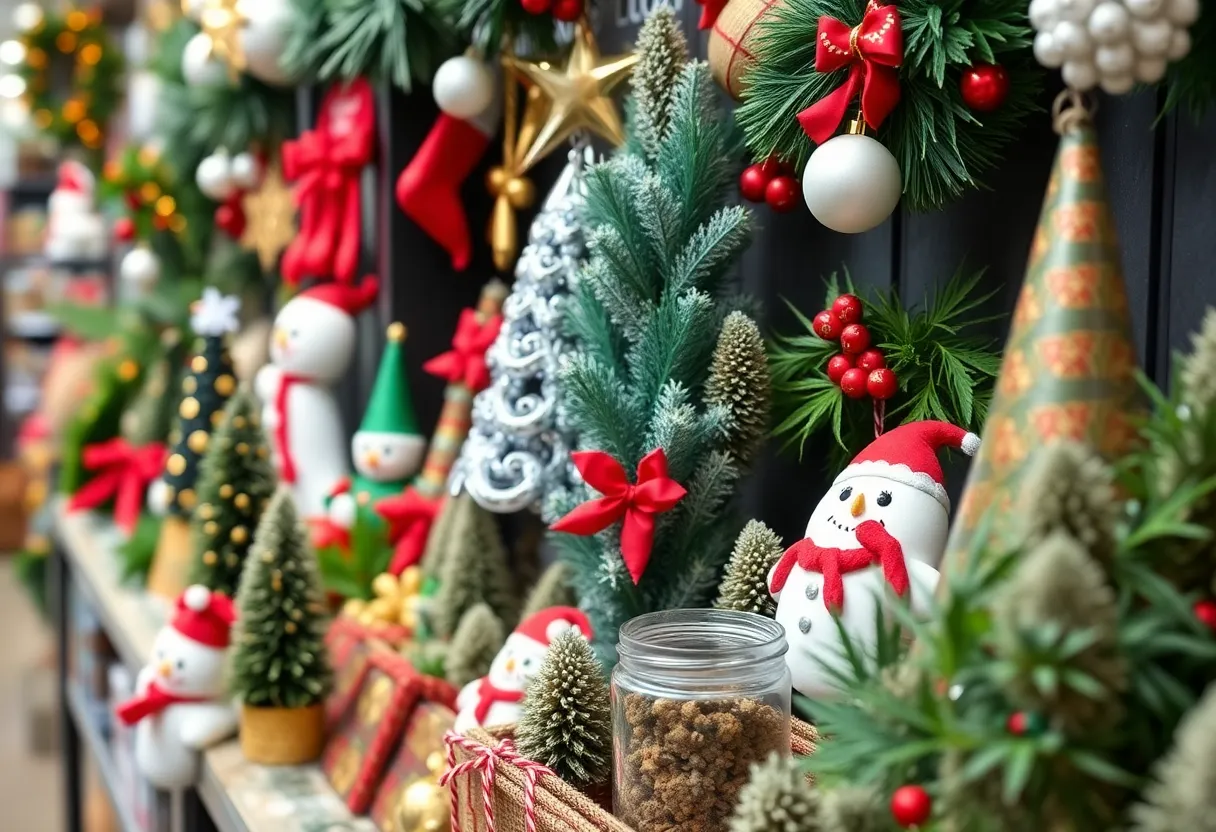 Holiday-themed cannabis products and decorations in a shop.