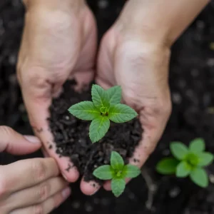Hands holding a small plant growing in soil.