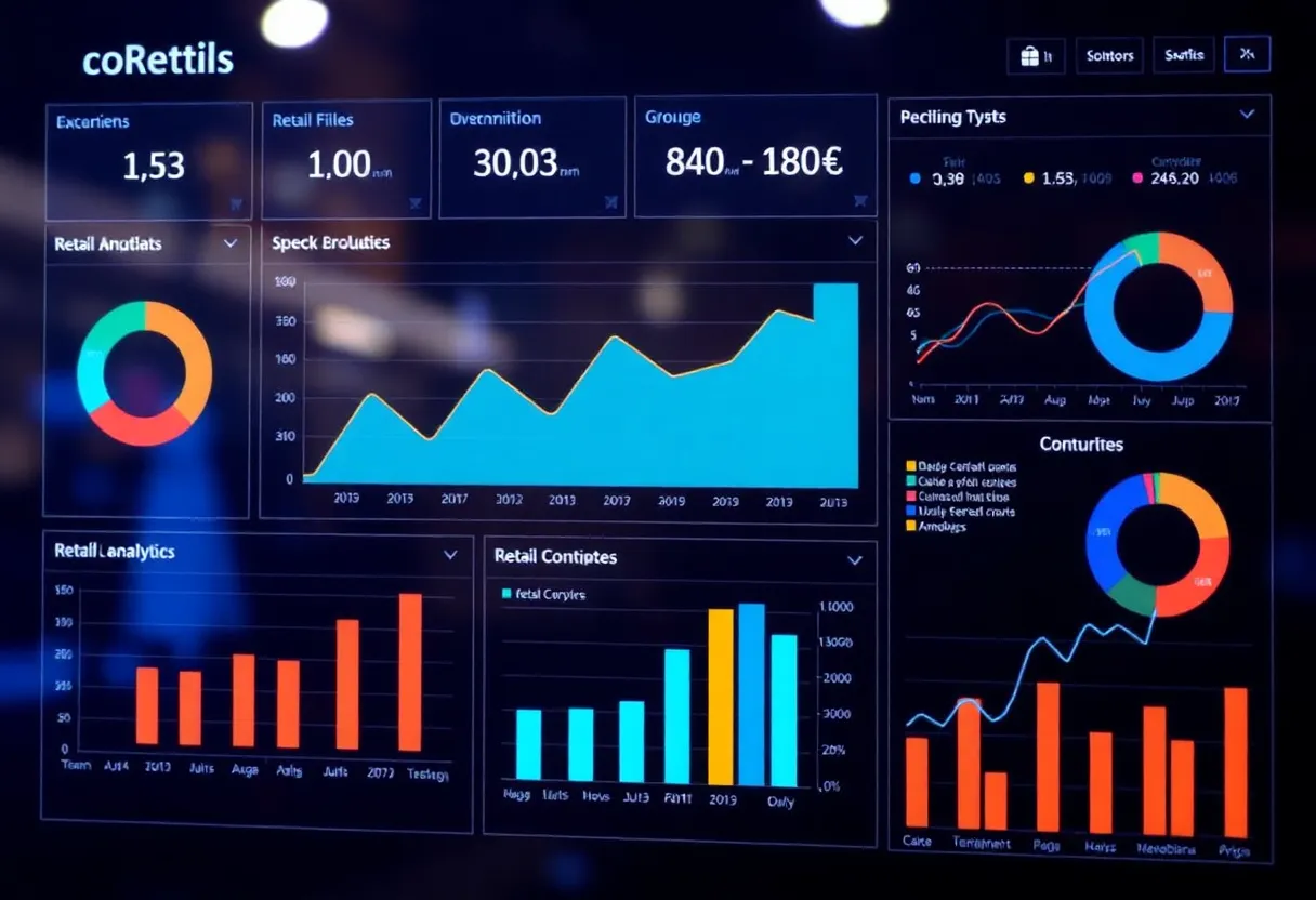 Retail analytics with digital charts and data visualizations.