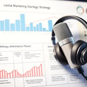 Microphone and headphones on a digital marketing strategy board.