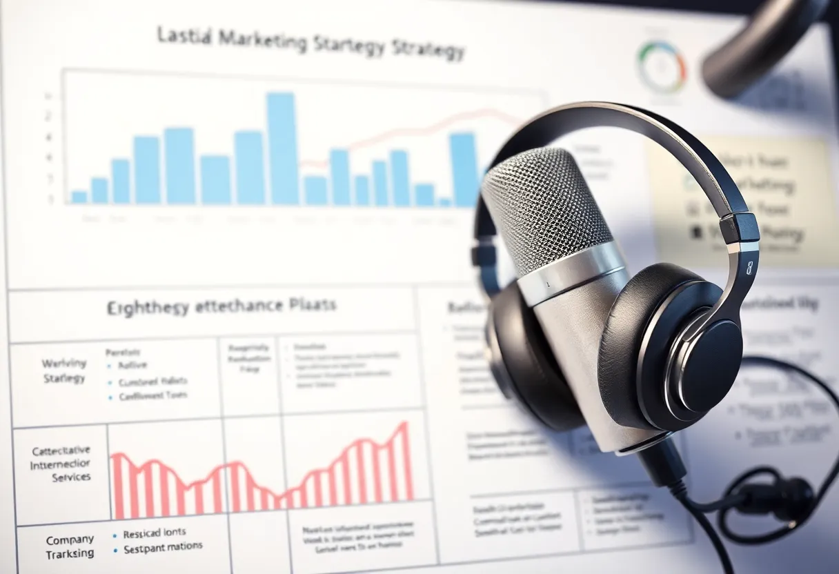 Microphone and headphones on a digital marketing strategy board.