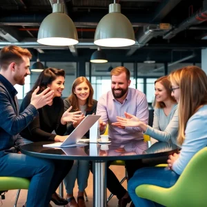 Dynamic marketing team brainstorming in a vibrant office space.