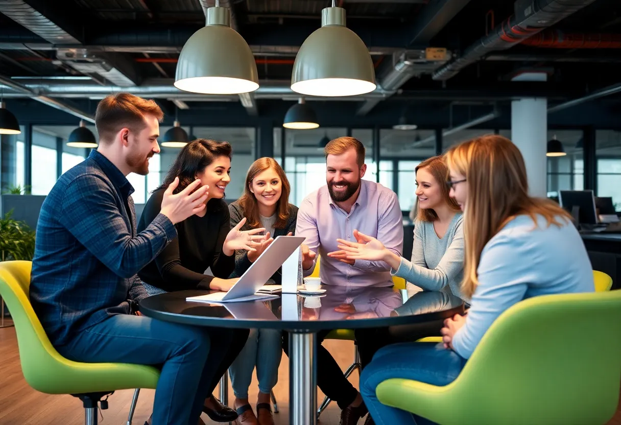 Dynamic marketing team brainstorming in a vibrant office space.