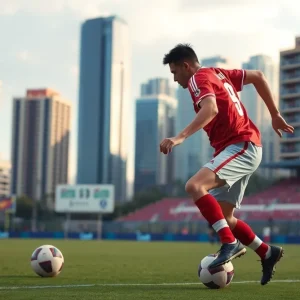 Dynamic football action in a vibrant city skyline.