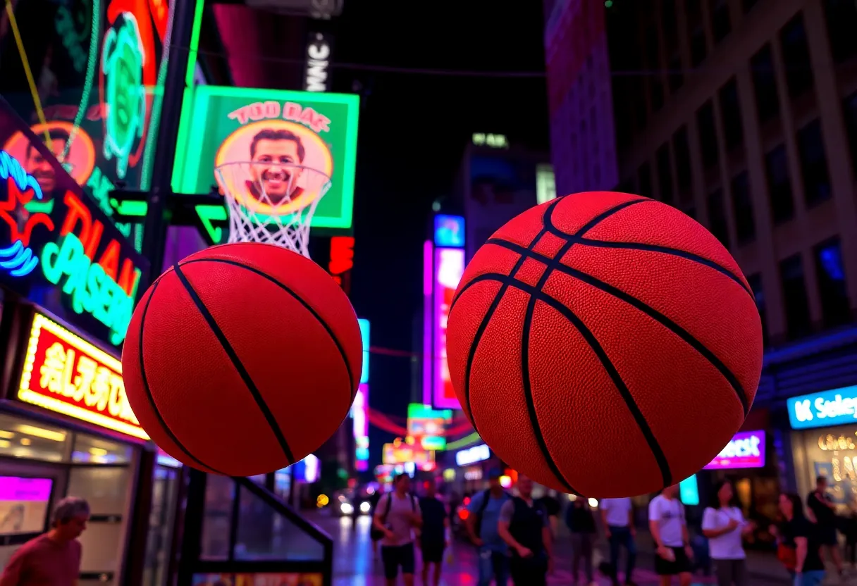 Vibrant basketballs and neon lights reflecting city excitement.