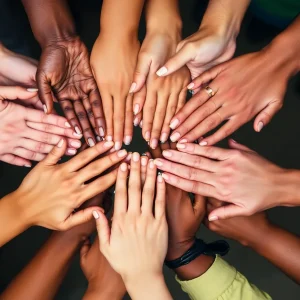Colorful hands of diverse cultures united.