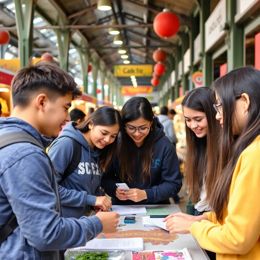 Students collaborating in a vibrant marketplace setting.