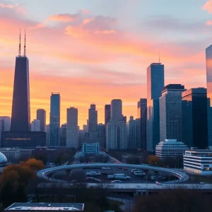 Chicago skyline with digital marketing and AI visuals.