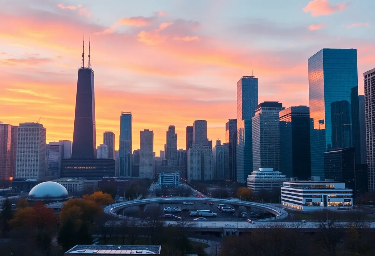 Chicago skyline with digital marketing and AI visuals.