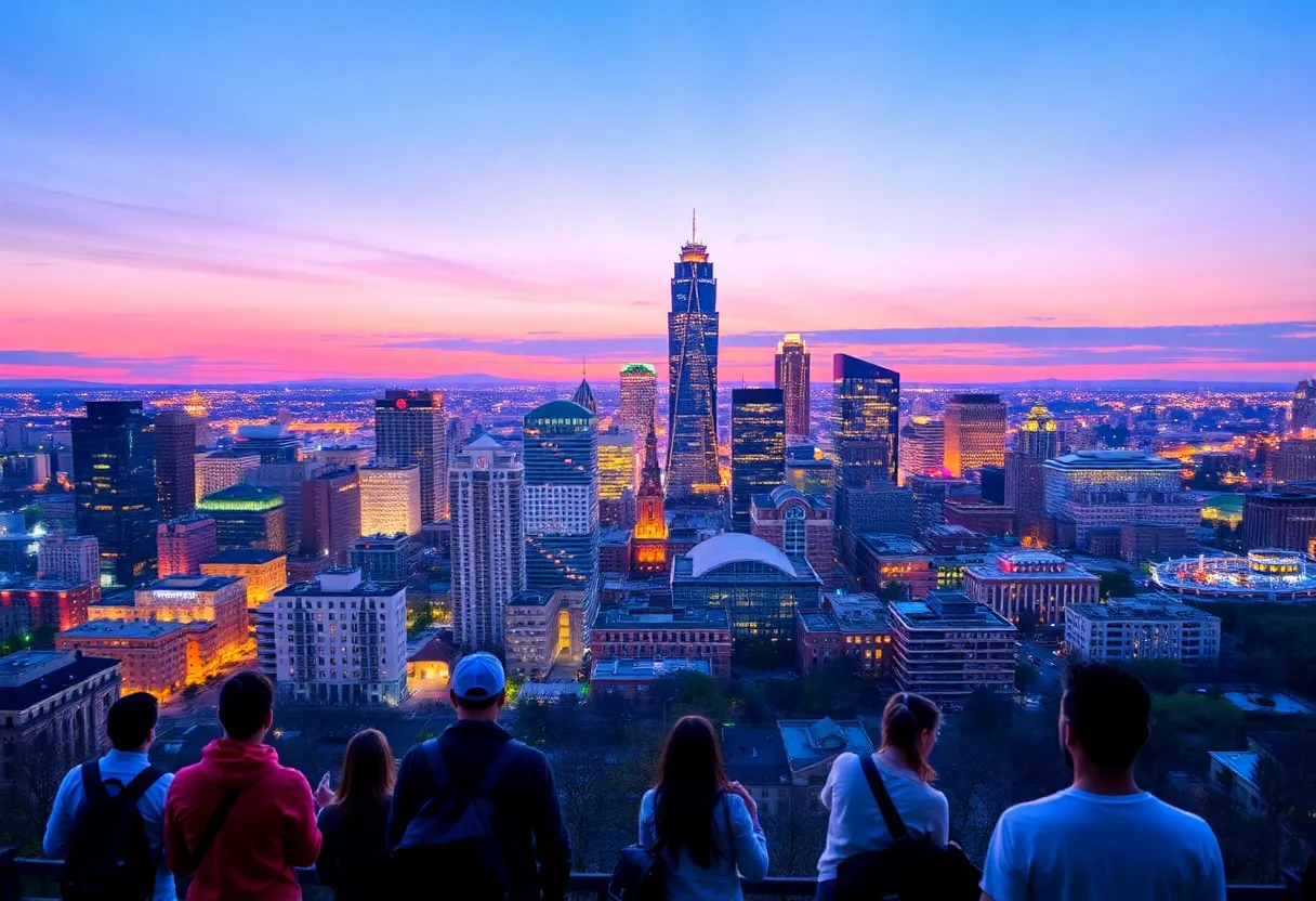 Skyline view of vibrant Atlanta with diverse travelers exploring.