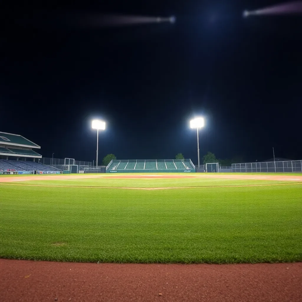 Baseball field under bright stadium lights at night.