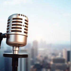 Microphone with city skyline backdrop, symbolizing podcasting growth.