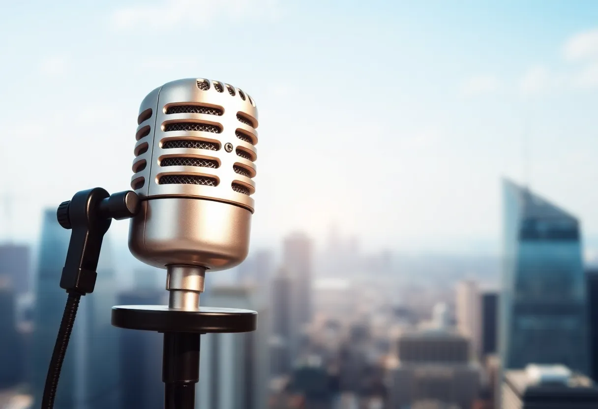 Microphone with city skyline backdrop, symbolizing podcasting growth.