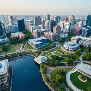 A modern city landscape of Detroit featuring new buildings and green spaces.