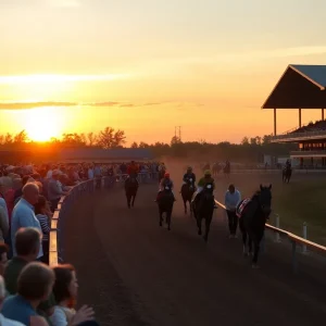 Spectators cheering at Northville Downs horse racing track